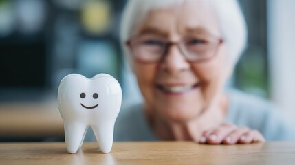 Happy elderly woman smiling with a cute tooth figurine on a wooden table background in a dental care concept for health and wellness imagery