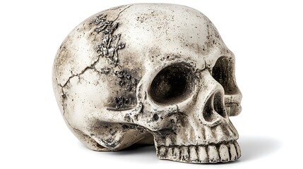 Obraz premium Human Skull with Crack and Floral Embellishment on Isolated White Background