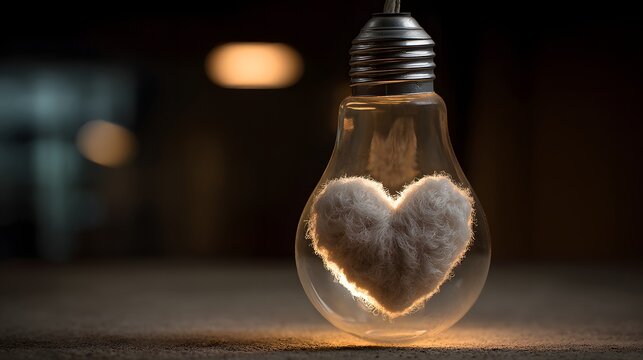 A glowing heart shaped filament inside a transparent glass light bulb.