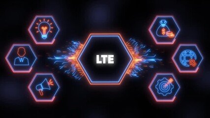 Digital network connection with LTE in center and icons technology - Powered by Adobe