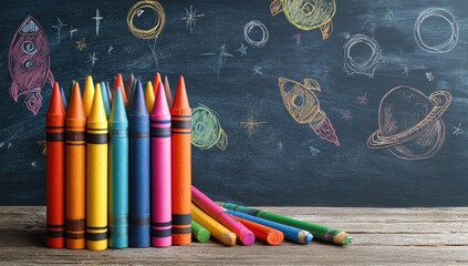 Colorful crayons and pencils against a chalkboard background with space-themed drawings