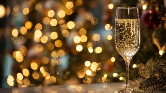 Champagne flute with bubbles in front of a blurred Christmas tree background