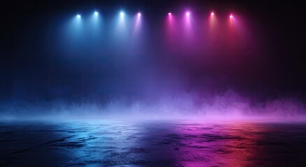 Colorful stage lights on a wet concrete floor
