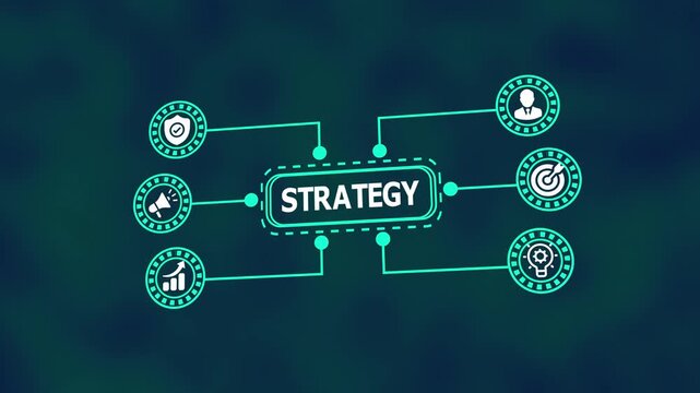 Business strategy blueprint with performance optimization icons and data-driven planning model for long-term organizational success and intelligent leadership.