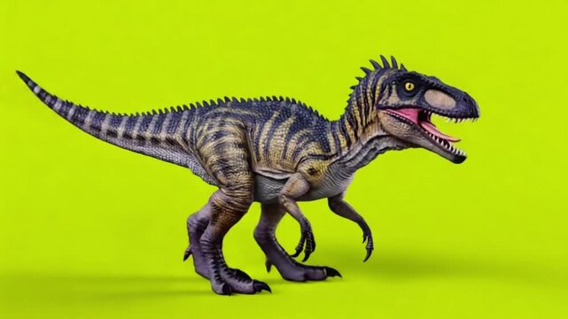 Dinosaur with striped pattern walking on a green background in a studio shot illustration dinosaur green screen video
