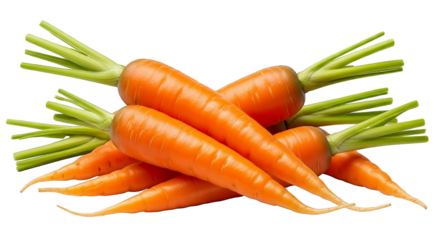 A vibrant stack of fresh carrots with bright green tops sit against a stark black background.