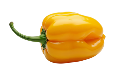 A vibrant yellow bell pepper exhibits a natural, glossy appearance against a stark black background.