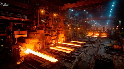 Hot steel billets on a conveyor line glowing in a steel mill ready for further processing in heavy industry