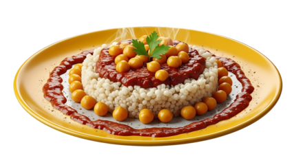 A vibrant yellow plate showcasing a spherical food creation, topped with sauce, balls and garnish.