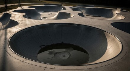 An empty concrete skatepark with sculptural bowls and ramps sits deserted in the warm, low light of sunset, its surfaces holding puddles of water reflecting the sky