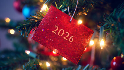 Red glitter 2026 ornament hanging on a festive christmas tree with bokeh lights