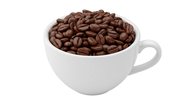 A white ceramic cup is overflowing with roasted coffee beans set against a stark black background