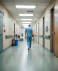 Healthcare Professional Walking Down Hospital Corridor in Blue Scrubs and Surgical Mask