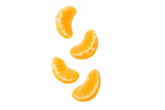 Four peeled, fresh tangerine or mandarin orange segments falling down. Isolated on transparent background, png