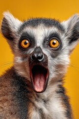 Obraz premium Lemur face. Open mouth. Surprise, shock, paws on head on a solid colored background. Space for text.