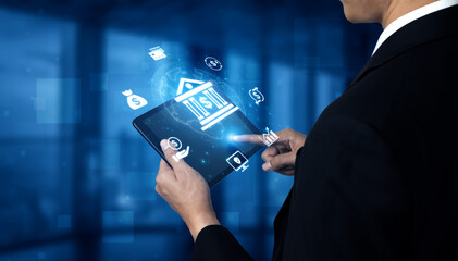 Concept of digital banking and global financial services. A network of secure online transactions, currency exchange, and money management for the international economy. Fermion