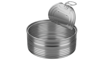 An open metal can showcases industrial design with a metallic sheen against a black background.