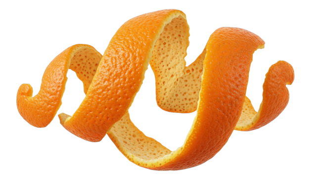 An orange peel spirals elegantly against a stark black backdrop, its texture vividly captured.