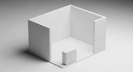 Fototapeta premium A minimalist white 3D architectural model of an open room with a small block on the floor, rendered with soft shadows.