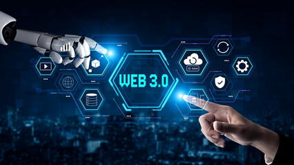 A futuristic AI user interface for Web 3.0 technology and applications. An AI overview of decentralized services like DeFi and security. Motif