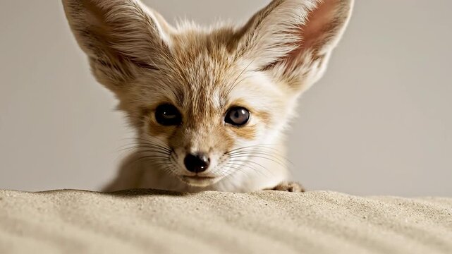 Adorable Fennec Fox Peeking Over Sand Dune with Big Ears.