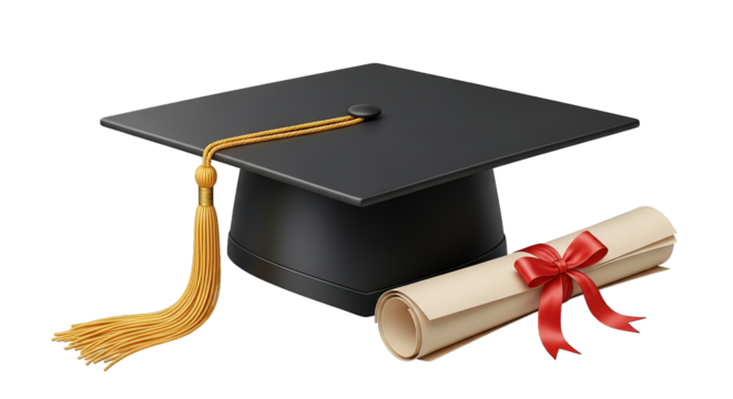 Black graduation cap with gold tassel and diploma tied with a red bow symbolizes academic success. - Powered by Adobe