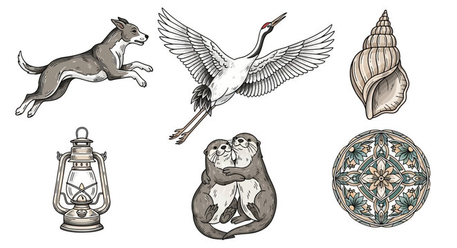 Whimsical collection of wildlife and objects in hand drawn style offering visual diversity