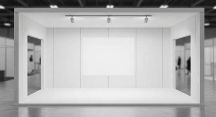 A minimalist, empty white exhibition booth with spotlights and a blank display panel, ready for a trade show or art gallery.