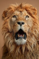 Lion face. Open mouth. Surprise, shock, paws on head on a solid colored background. Space for tex