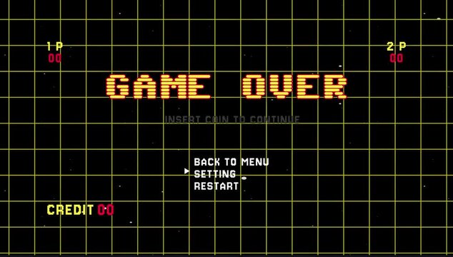 Game over pixel text animation. Retro game pixel 8 bit. Video game grid background 4K resolution