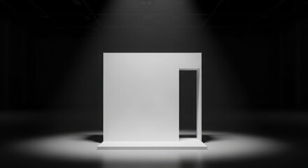 Minimalist white architectural structure with a rectangular opening illuminated by a spotlight in a dark, empty studio.