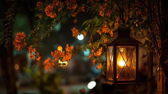 Vintage Hanging Lantern Illuminates Orange Blossoms Amidst Soft Bokeh Lights at Dusk