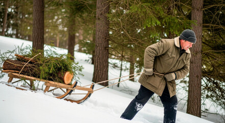 Man pulling a sled loaded with logs uphill through the snow-covered forest