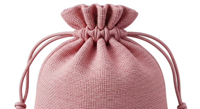 Close-up of a textured, light pink woven drawstring bag set against a contrasting black background.