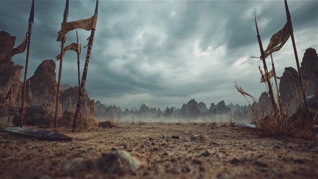 Desolate battlefield with ancient spears and tattered banners under a stormy sky