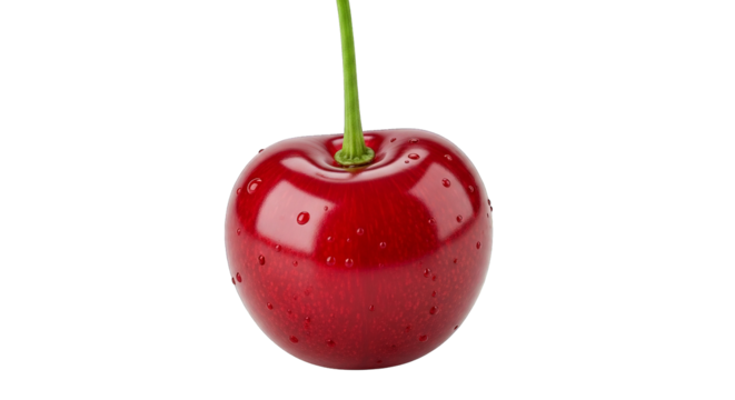 Close-up shot showcasing the vibrant, shiny red surface of a single cherry with water droplets