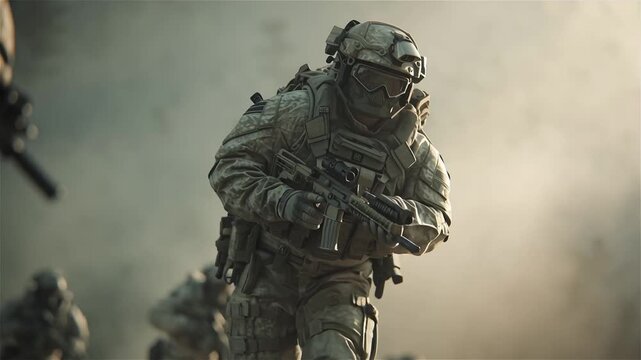 Soldier in full tactical gear advances through dusty, smokefilled combat zone
