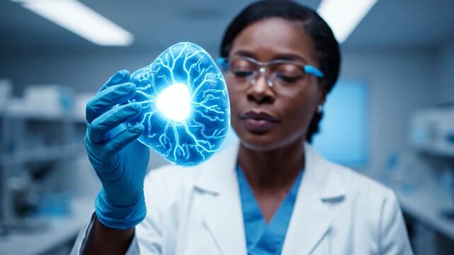 A scientist in a lab examines a glowing, brain-like object with blue veins, light emitting
