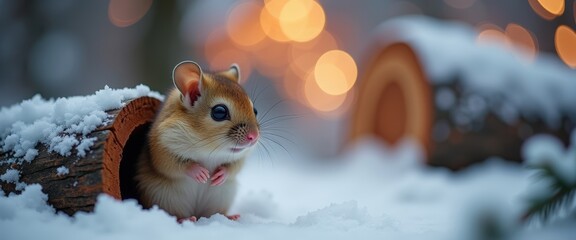 A cute dormouse peeking out of a snow-covered log in a winter forest. Tiny wild rodent in a snowy landscape with warm bokeh lights. Copy space for text