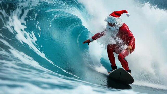 Santa claus in a red wetsuit surfing a large, powerful blue ocean wave, celebrating a unique and adventurous christmas holiday 4k video