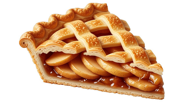 Delicious looking slice of apple pie with a golden brown lattice crust on a black backdrop.