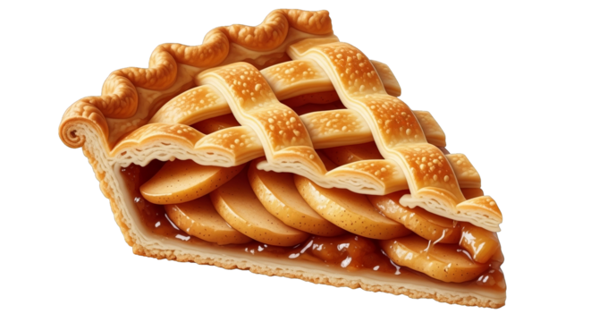 Delicious looking slice of apple pie with a golden brown lattice crust on a black backdrop.