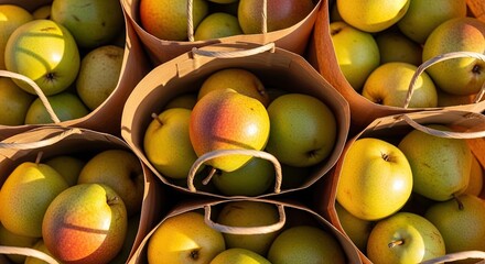 Abundant harvest of yellow and green pears filling multiple brown paper bags, seen from an overhead perspective with warm, golden sunlight highlighting the fresh, ripe fruit