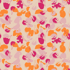 Colorful floral seamless pattern in vintage style. Flowers buds and leaves in bright and pastel retro inspired colors. Design for fabrics, wallpaper, wrapping paper.