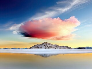 A vast, reflective body of water mirrors a snow-capped mountain range under a dramatic sky filled with colorful clouds, illuminated by the warm hues of sunset.