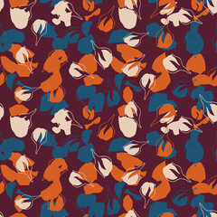 Colorful floral seamless pattern in vintage style. Flowers buds and leaves in bright and pastel retro inspired colors. Design for fabrics, wallpaper, wrapping paper.