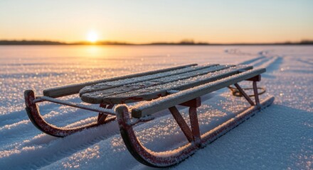 Old sled covered with snow dust resting on a frozen lake at sunset
