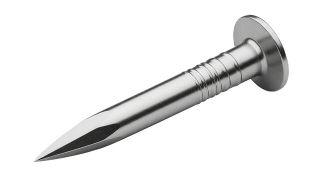 Detailed studio shot showcases a shiny, metallic nail isolated against a stark black background