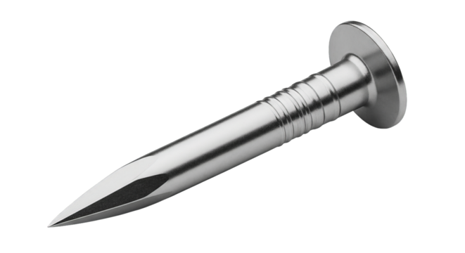 Detailed studio shot showcases a shiny, metallic nail isolated against a stark black background