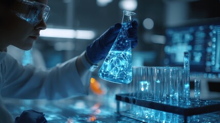 Scientist conducts experiment with glowing liquid in laboratory, focusing on research and analysis using advanced technology and equipment for innovation